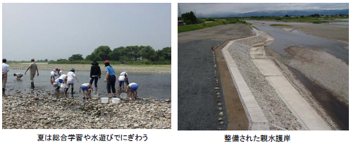 (左写真)夏は総合学習や水遊びでにぎわう　(右写真)整備された親水護岸