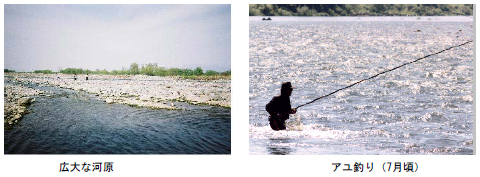 (左写真)広大な河原　(右写真)鮎釣り（7月頃）