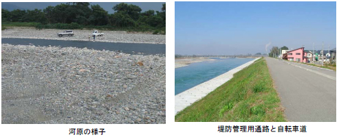 (左写真)河原の様子　(右写真)堤防管理用水路と自転車道