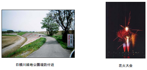(左写真)日橋川緑地公園堤防付近　(右写真)花火大会
