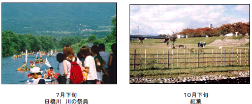 (左写真)7月下旬　日橋川　川の祭典　(右写真)10月下旬　紅葉