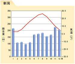 新潟の年間気温と降水量グラフ