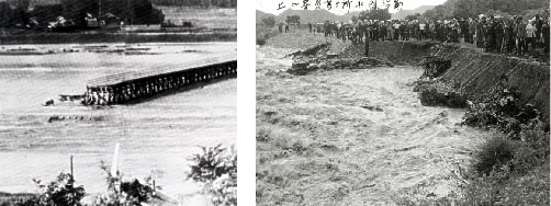 流出した松浜橋（阿賀野川河口）　／　会津若松市大戸地先での水防活動（阿賀川）