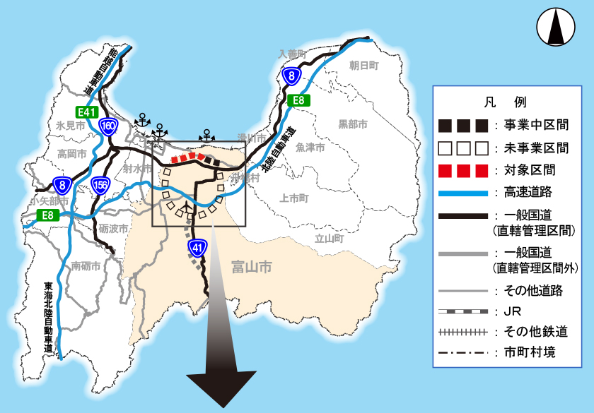 富山外郭環状道路 一般国道8号 富山市中島～本郷 位置