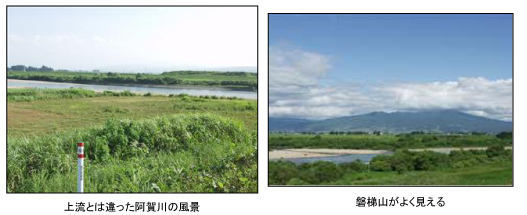 (左写真)上流とは違った阿賀野川の風景　(右写真)磐梯山がよく見える