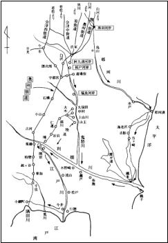 阿久津･黒羽海岸から舟運による江戸へのコース略図（木戸川・那阿川・利根川・江戸川舟運）