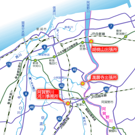 阿賀野川河川事務所、満願寺出張所、胡桃山出張所の地図画像