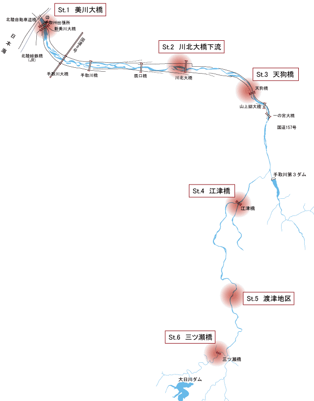 手取川「魚介類」調査地区マップ