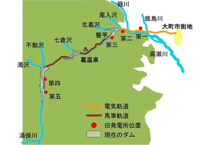 高瀬川の電源開発当時の発電所の位置、軌道等のルート概要と現在のダムとの関係